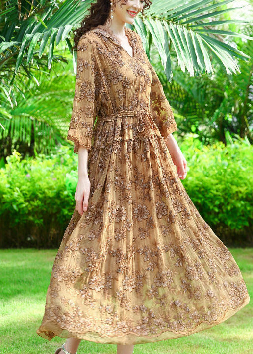 Casual Khaki Hooded Embroideried Silk Cinched Dress Summer LY0685
