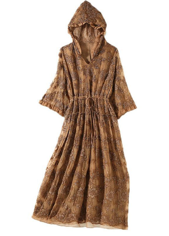 Casual Khaki Hooded Embroideried Silk Cinched Dress AC3058