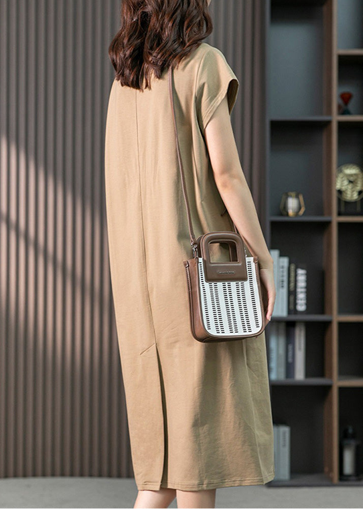 Casual Khaki O-Neck Embroideried Cozy Cotton Maxi Dresses Short Sleeve LY1759