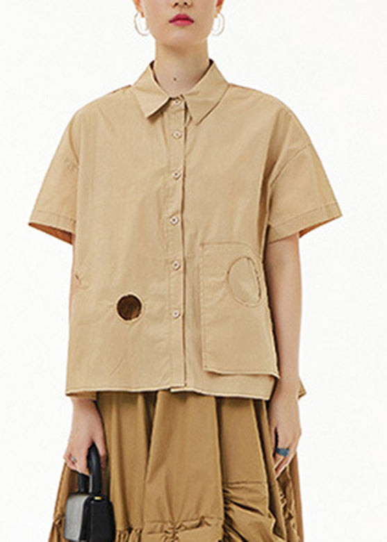 Casual Khaki Peter Pan Collar Button Solid Cotton Shirt Summer LY1225