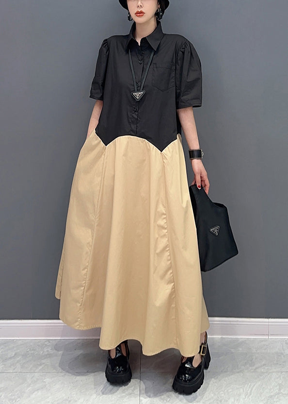Casual Khaki Peter Pan Collar Patchwork Cotton Maxi Dress Summer LY0559