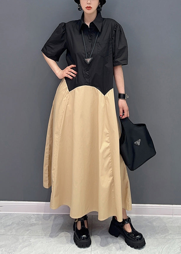 Casual Khaki Peter Pan Collar Patchwork Cotton Maxi Dress Summer LY0559
