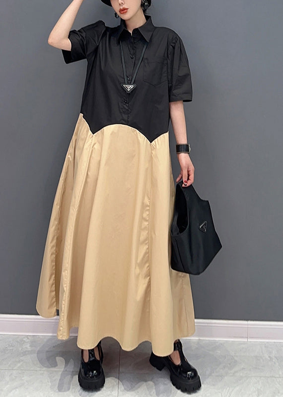 Casual Khaki Peter Pan Collar Patchwork Cotton Maxi Dress Summer LY0559