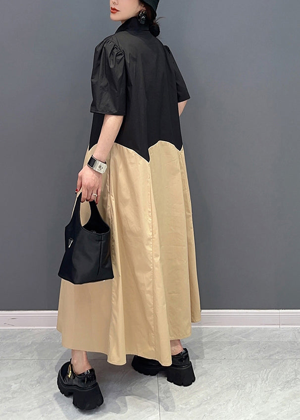 Casual Khaki Peter Pan Collar Patchwork Cotton Maxi Dress Summer LY0559