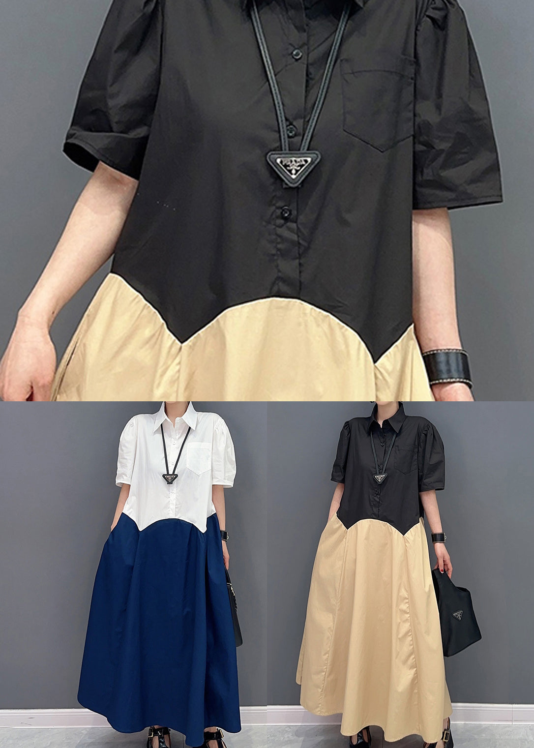 Casual Khaki Peter Pan Collar Patchwork Cotton Maxi Dress Summer LY0559