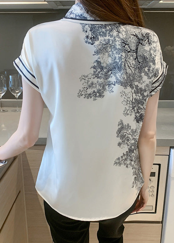 Casual Peter Pan Collar Print Bow Silk Shirts Summer LY0388