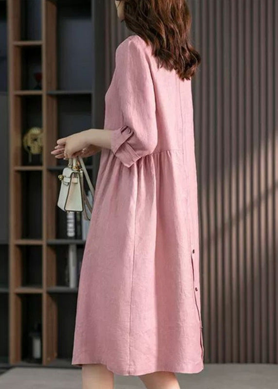 Casual Pink Peter Pan Collar Button Wrinkled Maxi Dresses Long Sleeve LY1739