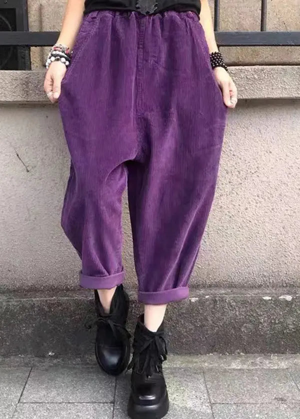 Casual Versatile Black Pockets Elastic Waist Corduroy Pants Fall Ada Fashion