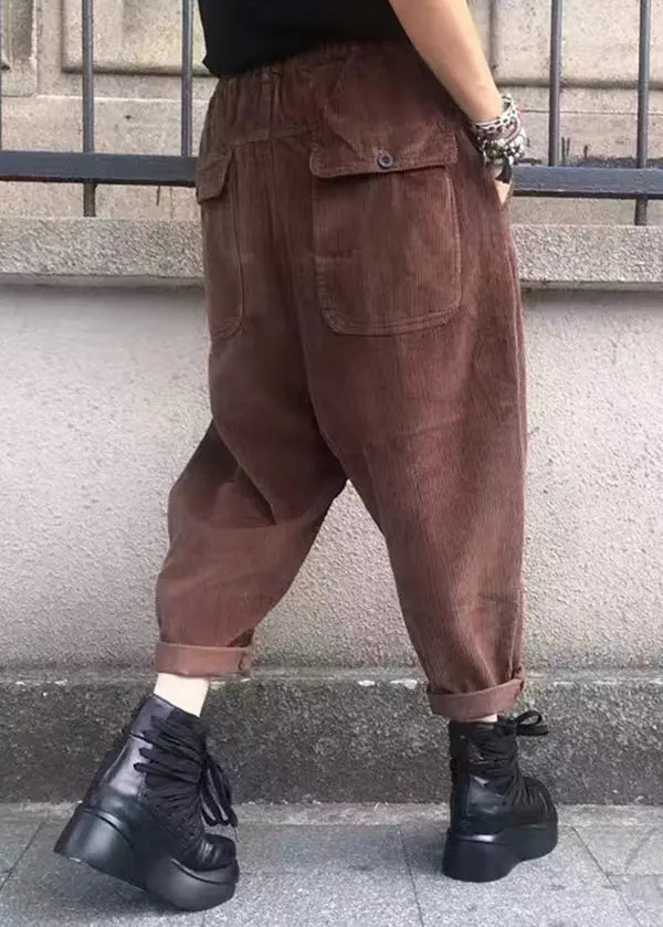 Casual Versatile Black Pockets Elastic Waist Corduroy Pants Fall Ada Fashion