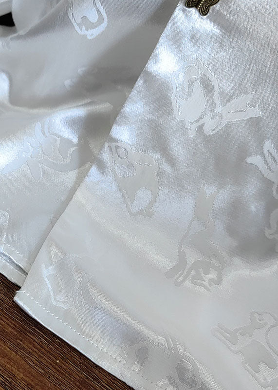 Casual White Stand Collar Patchwork Jacquard Silk Shirts Spring LY1065