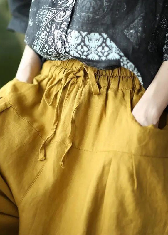 Casual Yellow Pockets Patchwork Elastic Waist Linen Pants Summer LY0584