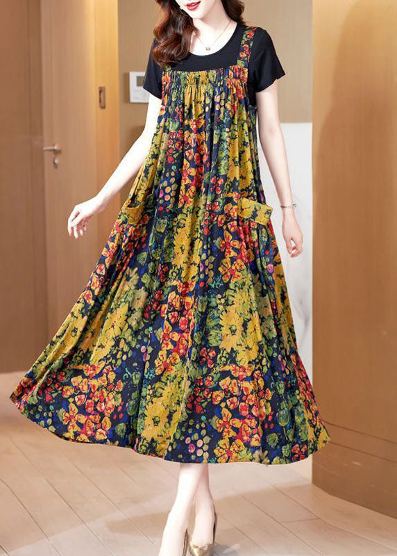 Casual Yellow Print Exra Large Hem Silk Holiday Dresses Summer AC2030