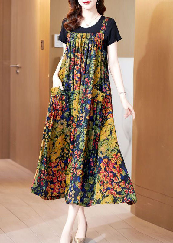 Casual Yellow Print Exra Large Hem Silk Holiday Dresses Summer AC2030