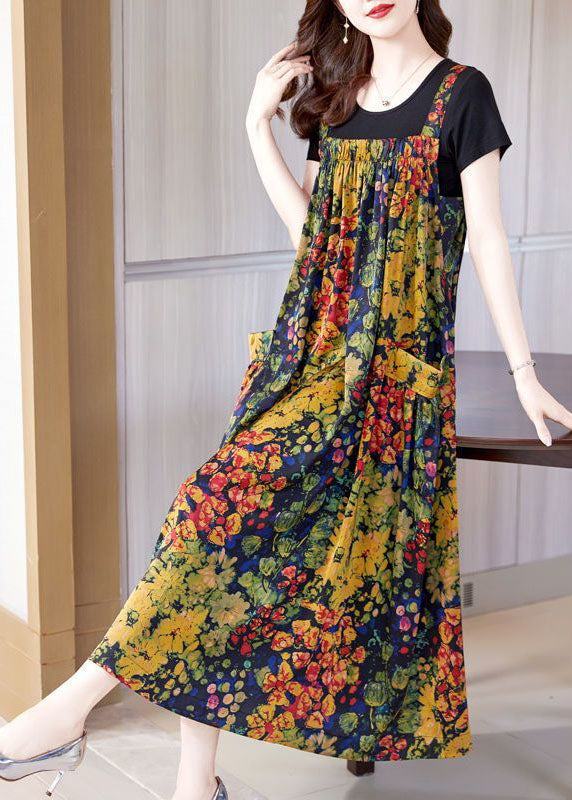 Casual Yellow Print Exra Large Hem Silk Holiday Dresses Summer AC2030