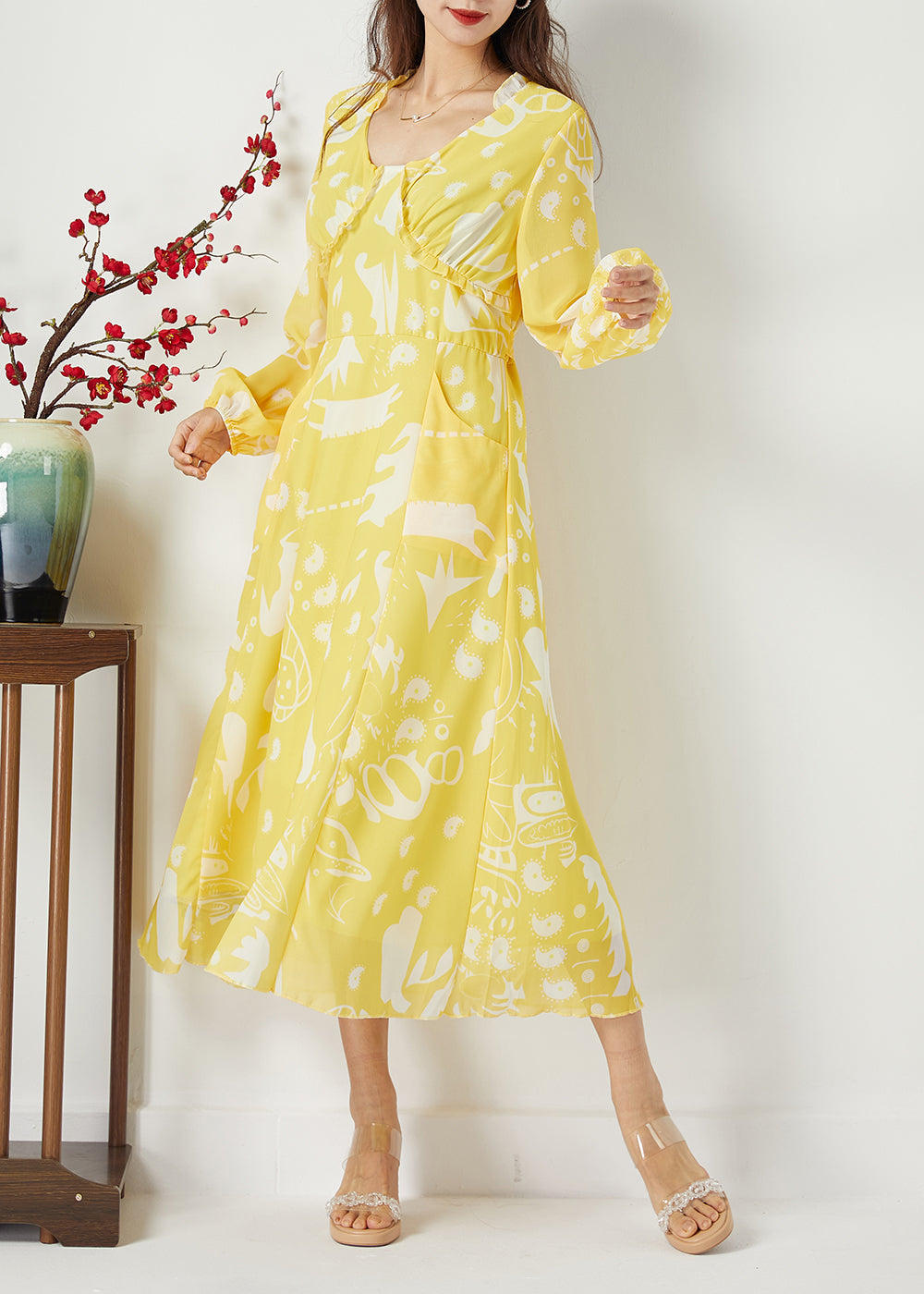 Casual Yellow Ruffled Cinched Print Chiffon Dress Summer LY1123