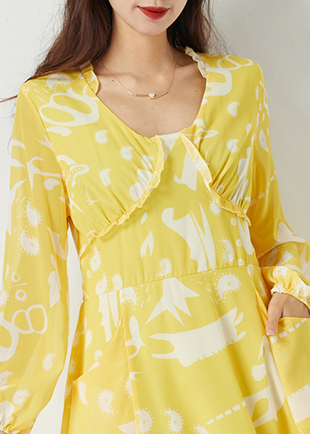 Casual Yellow Ruffled Cinched Print Chiffon Dress Summer LY1123