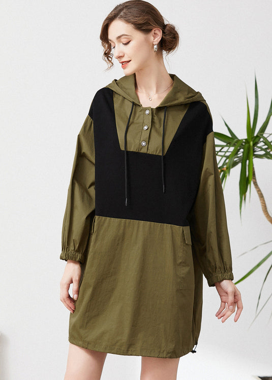 Chic Army Green Hooded Oversized Patchwork Cotton Sweatshirt Streetwear Spring LY0294