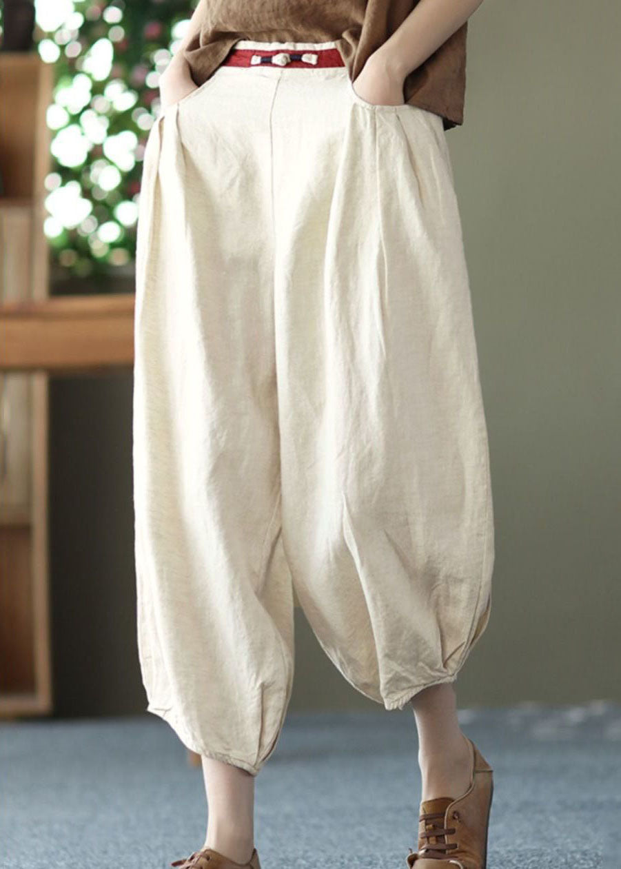 Chic Beige Pockets Wrinkled Patchwork Linen Harem Pants Summer LY0592