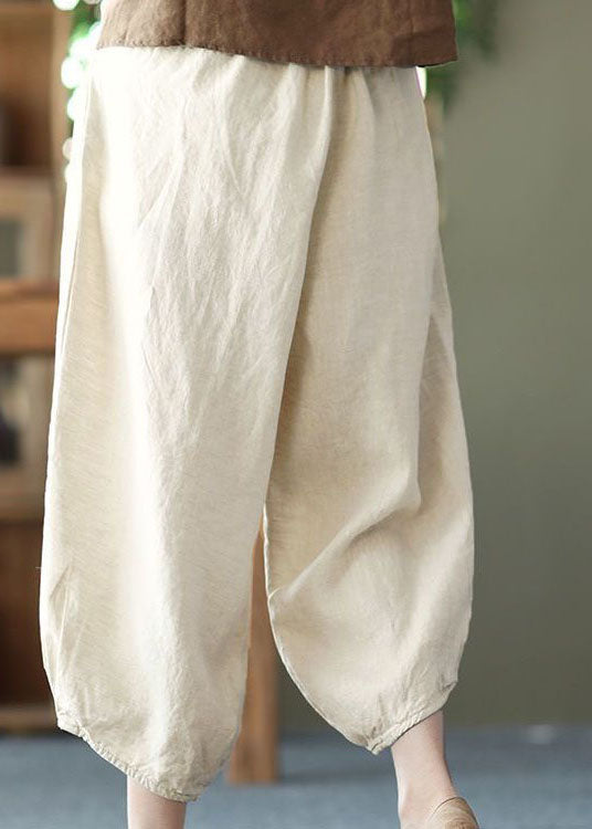 Chic Beige Pockets Wrinkled Patchwork Linen Harem Pants Summer LY0592