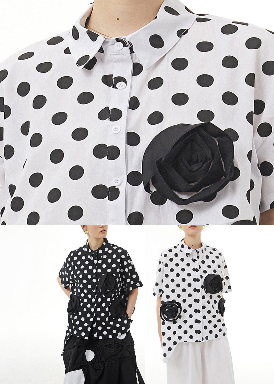 Chic Black Peter Pan Collar Dot Cotton Shirt Summer LY1194