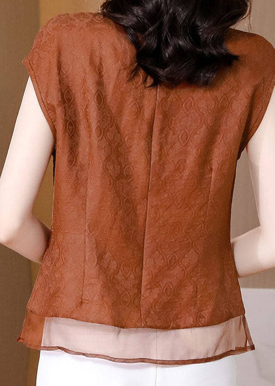 Chic Brown Tasseled Patchwork Jacquard Silk Shirt Sleeveless LC0259