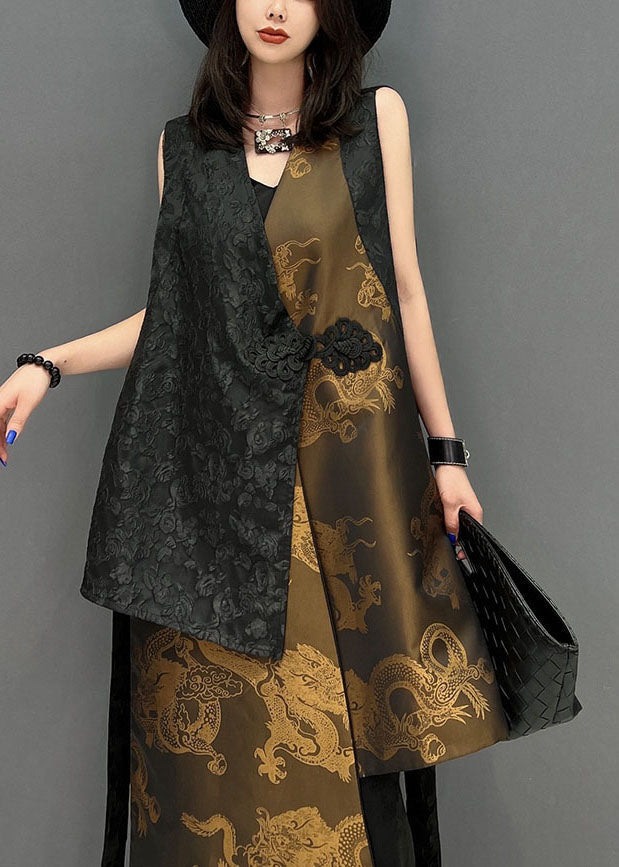 Chic Colorblock Asymmetrical Patchwork Jacquard Silk Vests Sleeveless LY1597