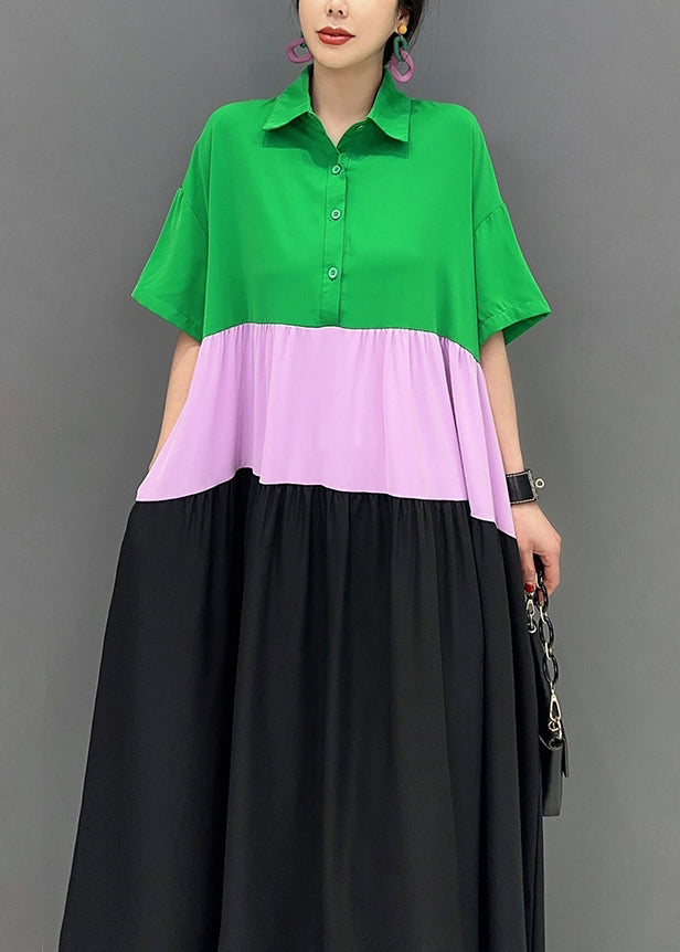 Chic Colorblock Peter Pan Collar Patchwork Cotton A Line Dress Short Sleeve LY0550
