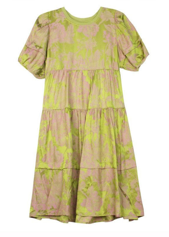 Chic Green O Neck Wrinkled Patchwork Print Silk Dress Summer LC0251