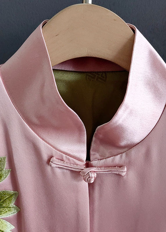 Chic Pink Embroideried Chinese Button Patchwork Silk Coat Spring LY0986