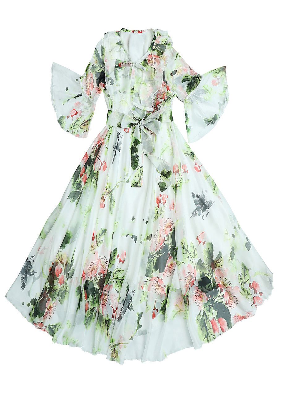 Chic White O-Neck Bow Print Ruffled Chiffon Long Beach Dresses Long Sleeve LY1773