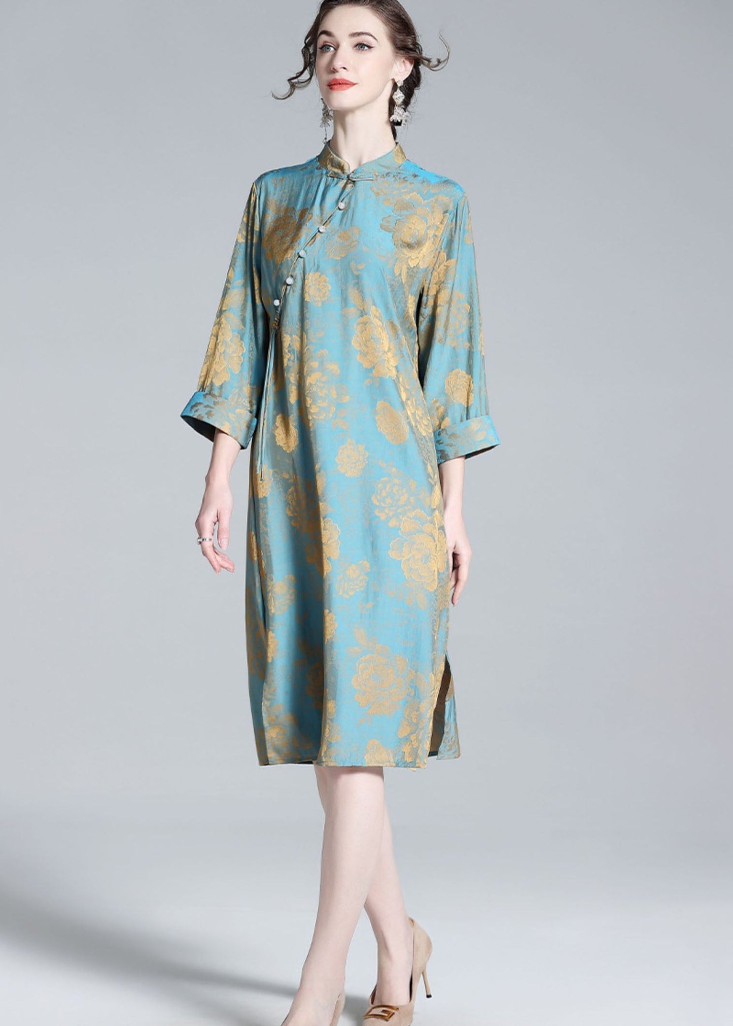 Chinese Style Blue Tasseled Patchwork Jacquard Silk Dresses Spring LY0109