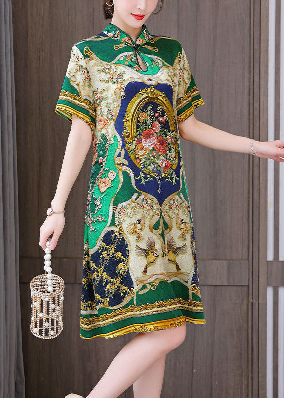 Chinese Style Green Print Mandarin Collar Silk A Line Dress Summer LY1682