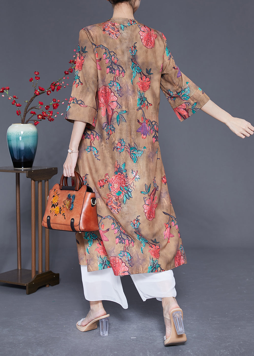 Chinese Style Khaki Print Side Open Silk Dresses Bracelet Sleeve LY1777