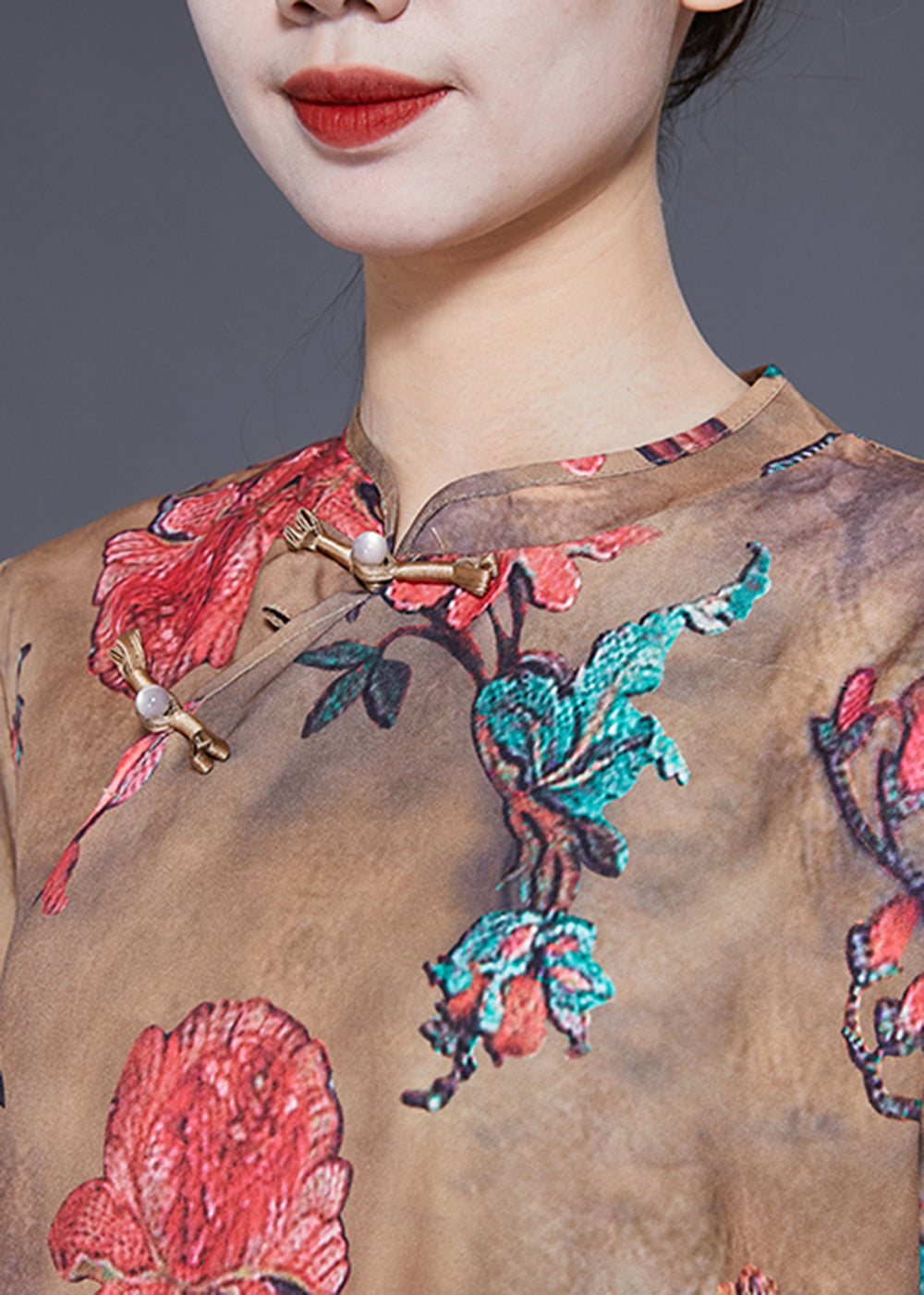 Chinese Style Khaki Print Side Open Silk Dresses Bracelet Sleeve LY1777