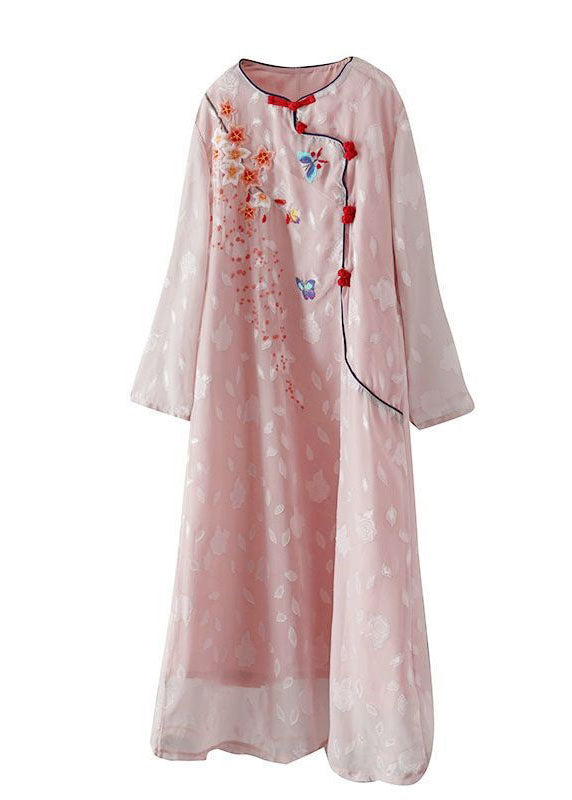 Chinese Style Pink Embroideried Patchwork Chiffon Dress Spring LY1725
