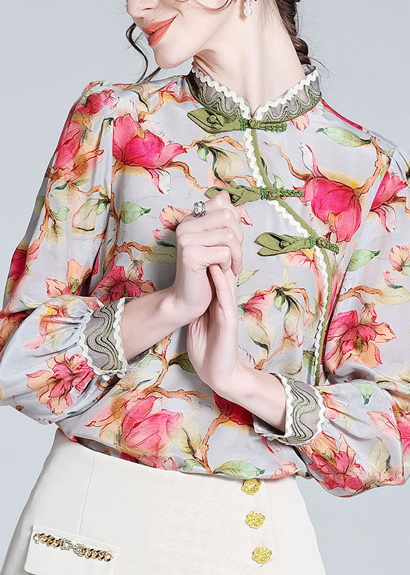 Chinese Style Stand Collar Print Button Silk Tops Long LY0707