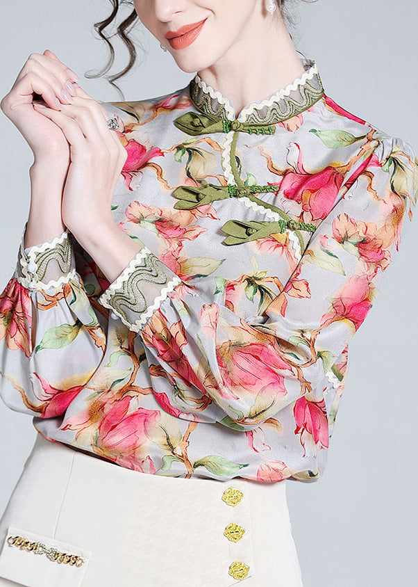 Chinese Style Stand Collar Print Button Silk Tops Long LY0707