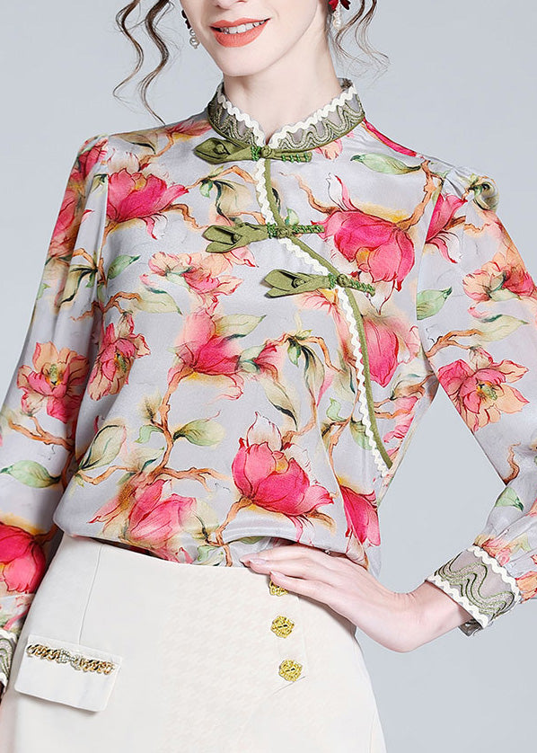 Chinese Style Stand Collar Print Button Silk Tops Long LY0707