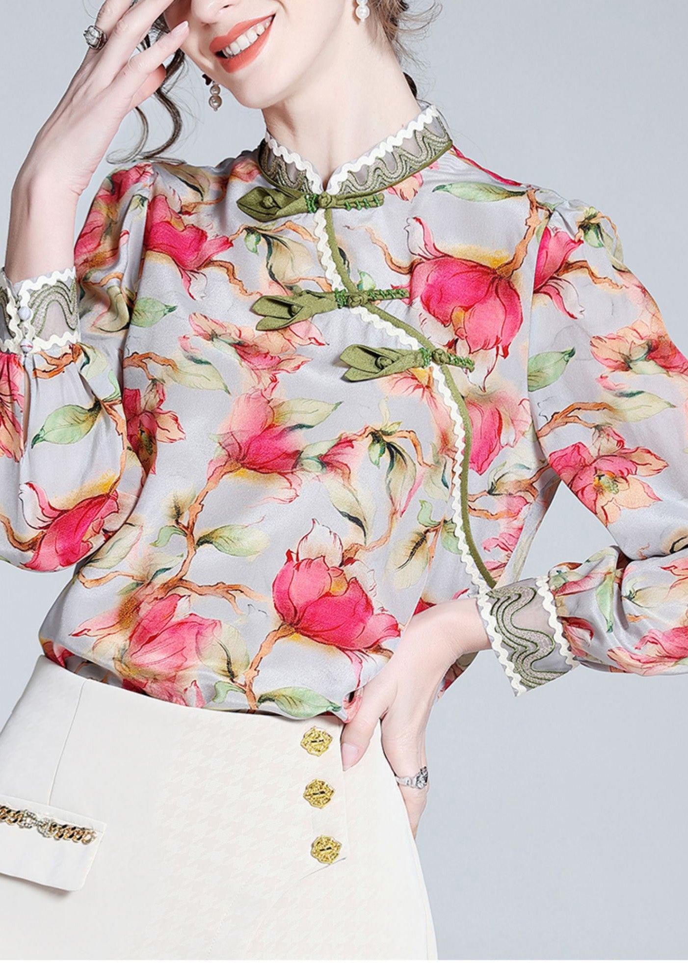 Chinese Style Stand Collar Print Button Silk Tops Long LY0707
