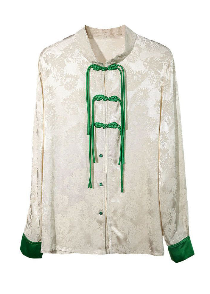Chinese Style White Mandarin Collar Jacquard Tassel Silk Shirt Spring LY1007