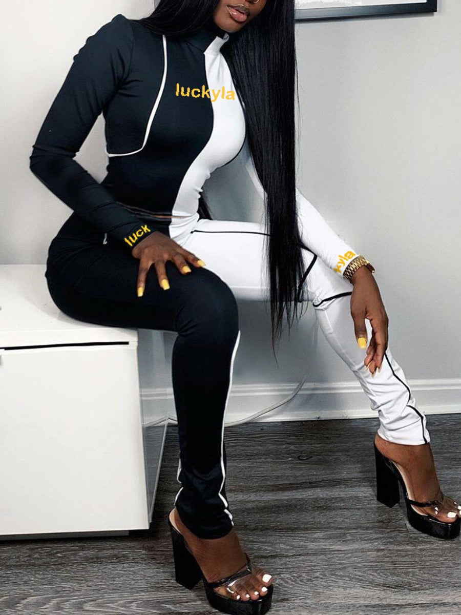 BASICS Plus Size Patchwork Letter Print Color Block Skinny Black And White Two-piece Pants Set AT9044