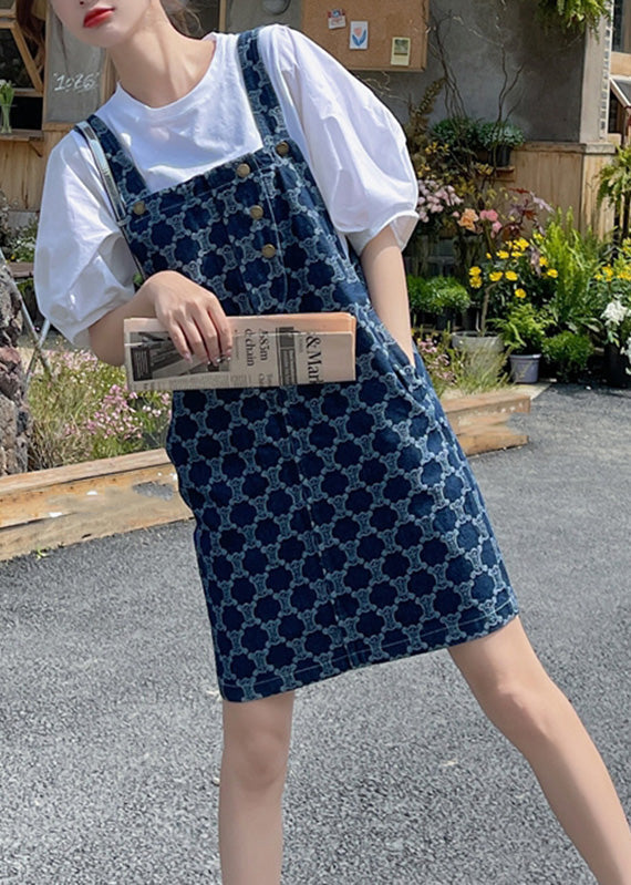 Classy Blue Print Patchwork Button Denim Mid Dress Summer TQ1012