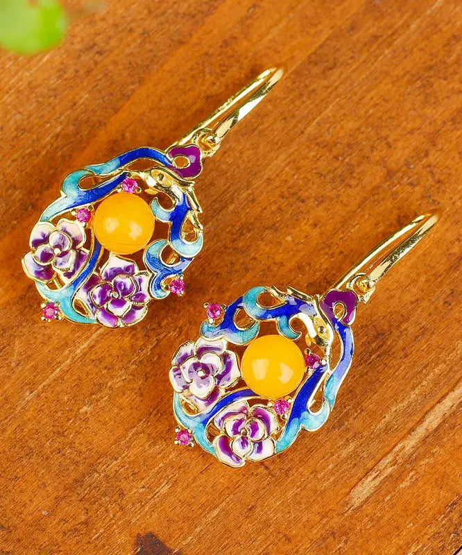 Classy Colorblock Sterling Silver Inlaid Beeswax Floral Drop Earrings Ada Fashion
