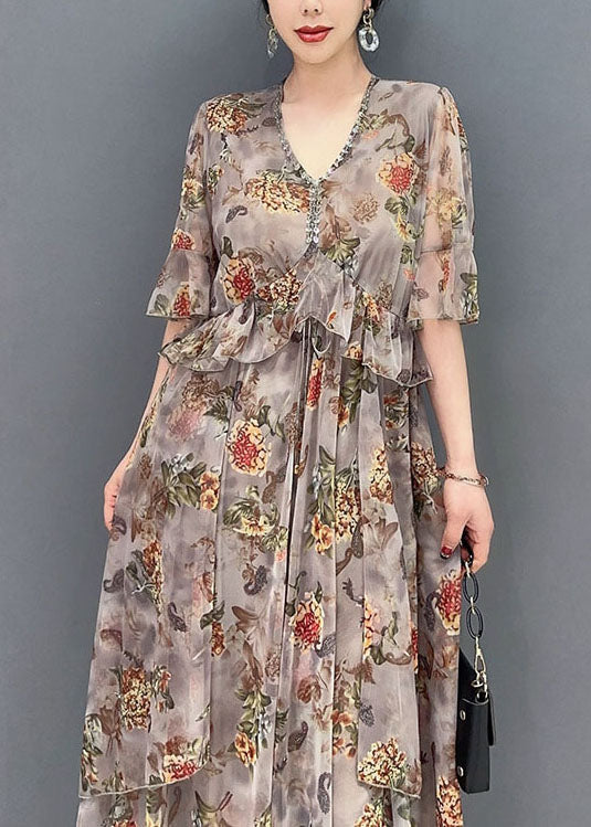 Classy Khaki V Neck Ruffles Print Chiffon Beach Dress Summer LY1576