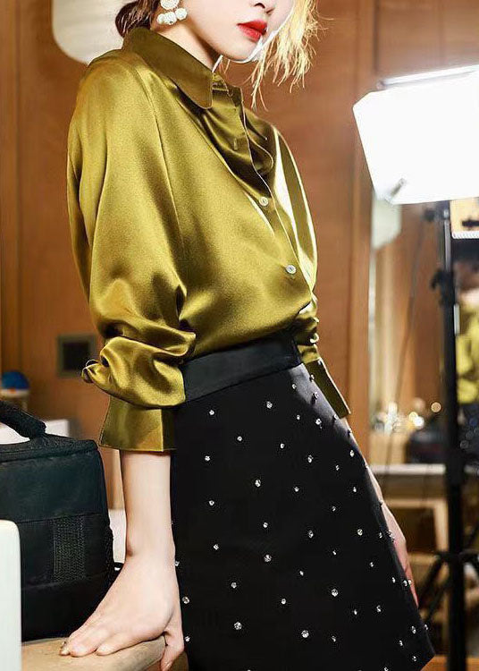 Classy Yellow Peter Pan Collar Button Patchwork Silk Shirt Spring LY1412