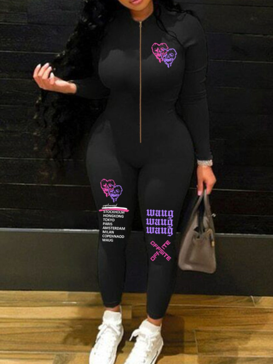 Plus Size Letter Print Zipper Design Skinny Jumpsuit AR5072