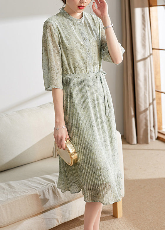 Cute Light Green Print Button Tie Waist Chiffon Holiday Maxi Dress Summer LY1743