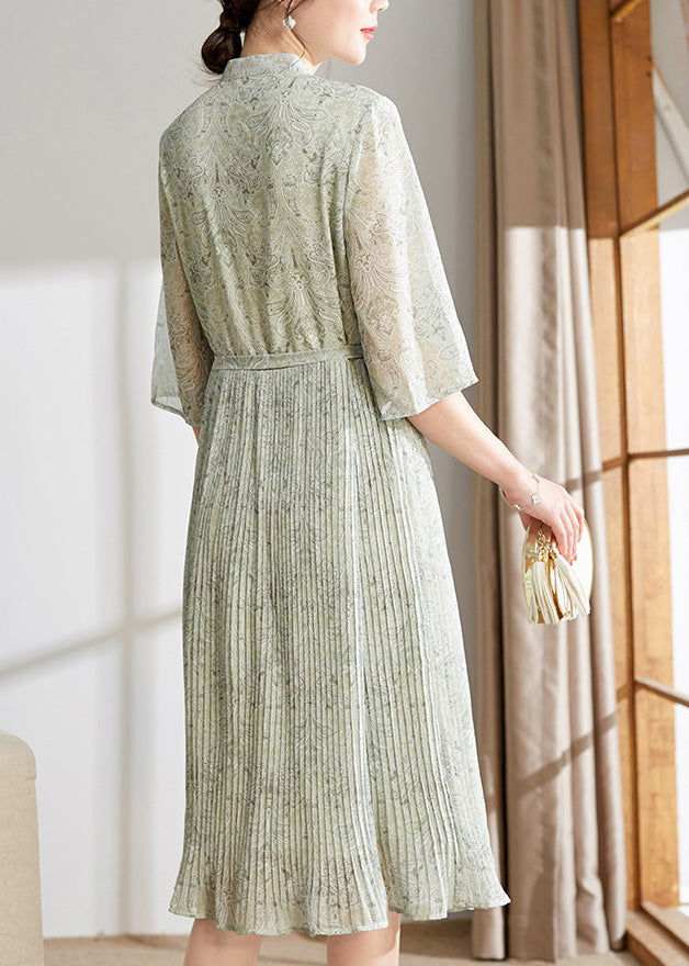 Cute Light Green Print Button Tie Waist Chiffon Holiday Maxi Dress Summer LY1743