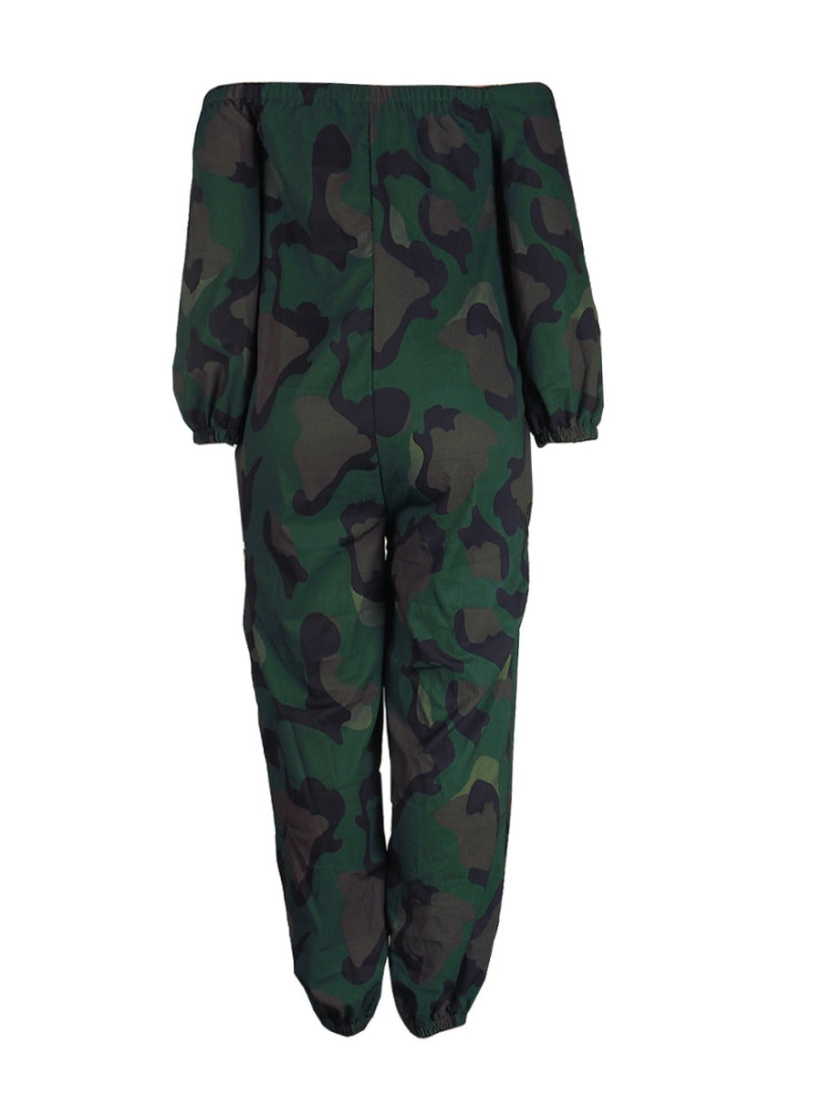 Plus Size Off The Shoulder Camo Print Cut Out Jumpsuit AR5022