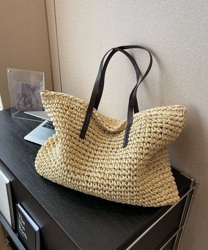DIY Beige Zip Up Patchwork Straw Woven Satchel Bag Handbag LY1391